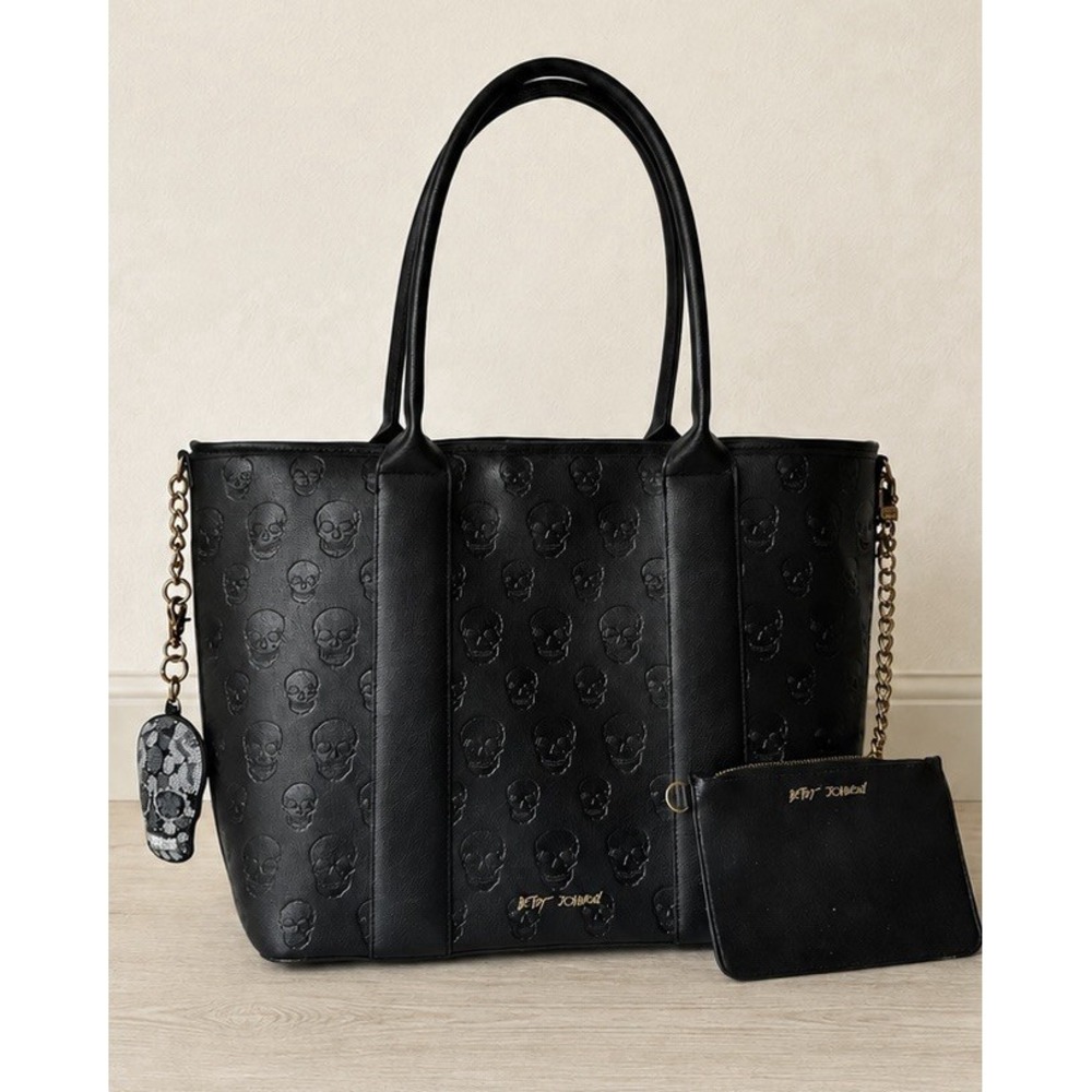 Betsey Johnson Black Embossed Skull Tote Bag w/Pouch Rhinestone Charm